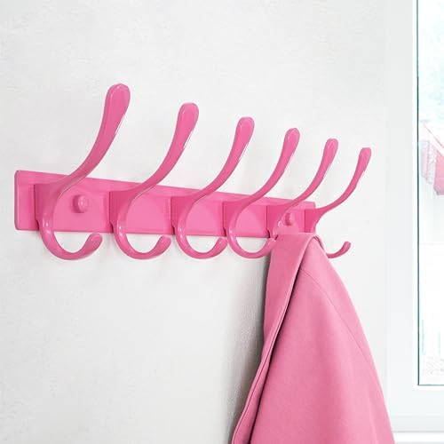 SKOLOO Coat Rack Wall Mounted - 6 Hooks, Heavy Duty, Stainless Steel, Metal Wall Hangers, Sturdy Coat Hooks for Hanging Coats, Jacket, Clothes, Hat, Pink - Image 2