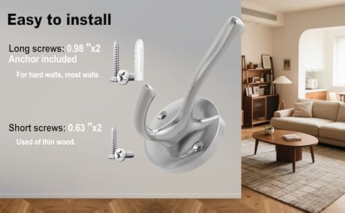 TOFIIGREM Brushed Nickel Robe Hooks Towel Hooks, 3 Pack Coat Hook Heavy Duty Mudroom Hook Double Bathrobe Hook Wall Mounted, Hat Hooks for Entryway Bathroom Kitchen Closet - Image 5