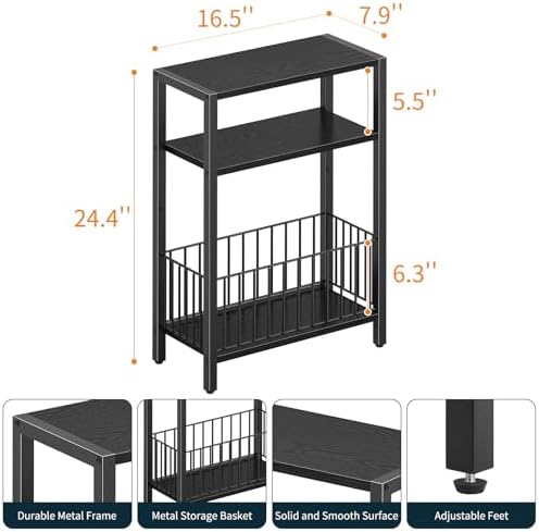 Narrow Side Table with Storage Basket Small End Table for Small Space,Black - Image 3