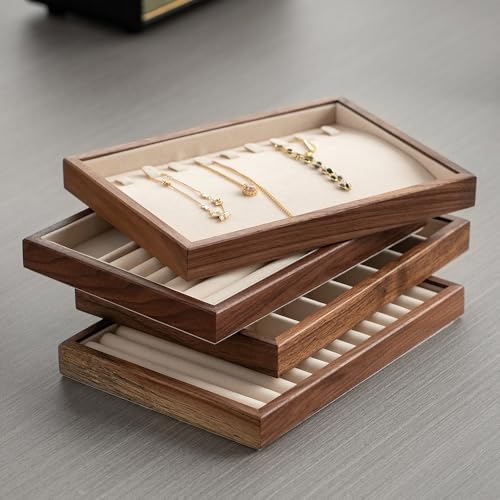 9 Grid Black Walnut Wood Jewelry Tray with Velvet Lining, Stackable Jewelry Organizer for Necklace, Bracelet & Pendant Storage, Premium Elegant Jewelry Drawer Organizer for Women - Image 6