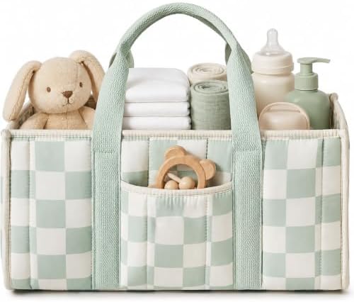 Checkered Diaper Caddy Organizer,Baby Essentials Storage Basket,Green by Unknown