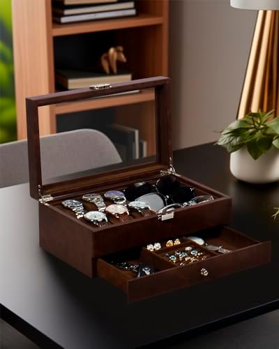 GUKA Watch box, 6 Slot Watch Case, 3 Slot Sunglass Organizer, Watch Cases for men with Real Glass Lid, Watch Organizer storage with Jewelry Case, Birthday for Men and Women, - Image 3