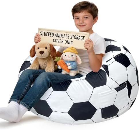 Lukeight Soccer Stuffed Animal Storage Bean Bag Chair Cover for Kids (No Filler), Velvet Plush Toy Organizer Seat, Long YKK Zipper, Side Pocket, X-Large 30"D x 18"H by Lukeight