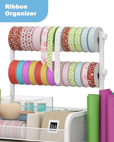 Rsaayekkt Rolling Wrapping Paper Storage Cart with Fabric Drawer White - Image 2