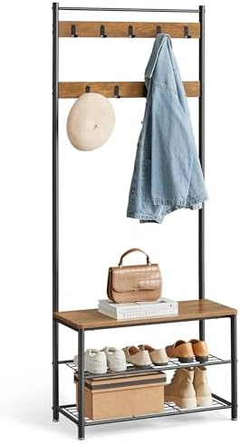 VASAGLE Coat Rack, Hall Tree with Shoe Storage Bench, 3-in-1, Steel Frame by VASAGLEbySONGMICSHOME