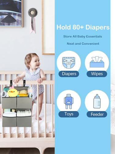 Hanging Diaper Organizer for Crib/Playpen/Bassinet/Playard – Hold 80+ Diapers - 4 Deep Pockets- Changing Table Diaper Holder Bag- Diaper Storage for Newborn Baby Essentials Stacker Caddy, Gray - Image 2