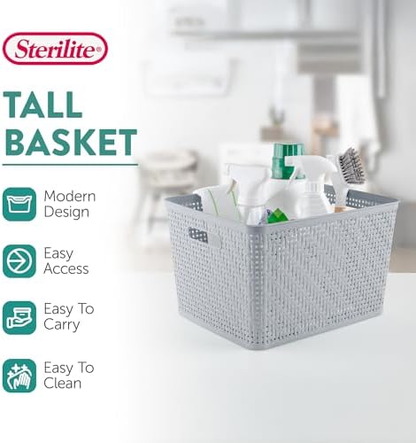 Sterilite Tall Basket, Woven Plastic Storage Organizer Bin, Cement, 18-Pack - Image 3