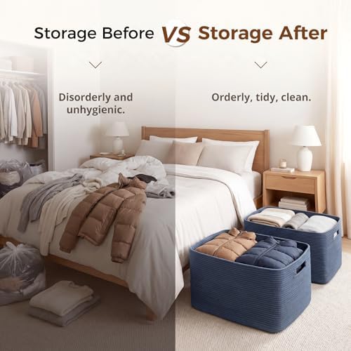 OIAHOMY 75L Large Blanket Basket Woven Storage Basket with Handle Blue - Image 4