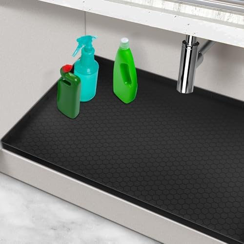 Undersink Waterproof Mat 31" x 19", Silicone Under Kitchen Sink Mat with Raised Edges, Under The Sink Organizer for Kitchen and Bathroom Leak Protection Black by MECHEER