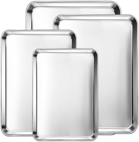 CEKEE Baking Sheet Set of 4, Stainless Steel Cookie Sheets for Baking, 0.8mm Heavy Duty Nonstick Baking Pans, 9/10/12/16 Inch Baking Trays for Oven, Non Toxic & Mirror Finish & Easy Clean by CEKEEBakingEasilyHappily