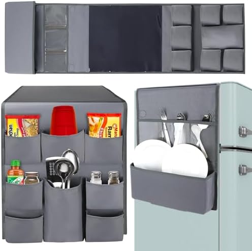 Mini Fridge Organizers and Storage - College Dorms Must Haves - Large Pockets with Dividers Holds Pantry Goods, Utensils, Paper Towel, Plastic Wrap Ideal Mini Fridge Shelf for Dorm and Office (Grey)… by TERRAHOME