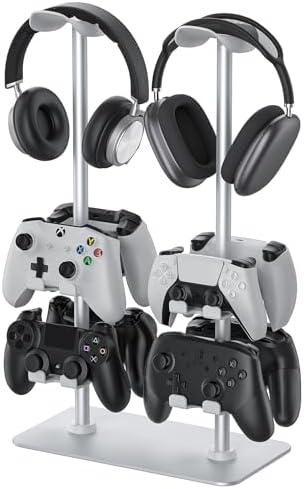 MANMUVIMO Headset Controller Stand for 2 Headset and 8 Controller, Headphone Stand Gaming Controller Holder for PS5 Xbox Airpods Beats Bose, Gaming Room Accessories, Gamer Gifts for Men (White) by MANMUVIMO