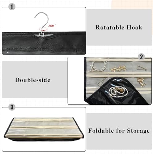 Hanging Jewelry Organizer, 80-Pocket Double-Sided Storage, 2-Pack, Black and Beige - Image 3