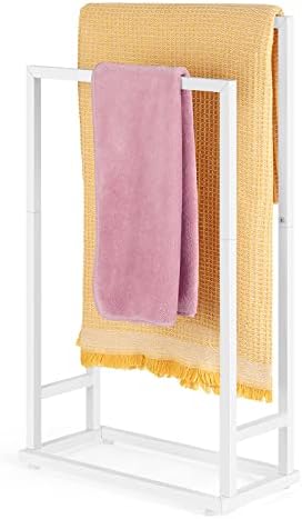 Freestanding Towel Racks for Bathroom 2 Tier Hand Towel Drying Rack Metal Blanket Towel Holder Stand for Bedroom Indoor Outdoor Pool Small Blanket Rack (Matte White) by BTY