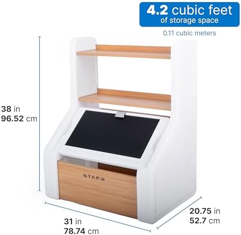 Step2 Harmony Toy Storage Box, Wood and Plastic, Shelves for Books, Toy Storage Bin with Chalkboard Lid and Clip, Easel and Toy Organizer in One, White - Image 3