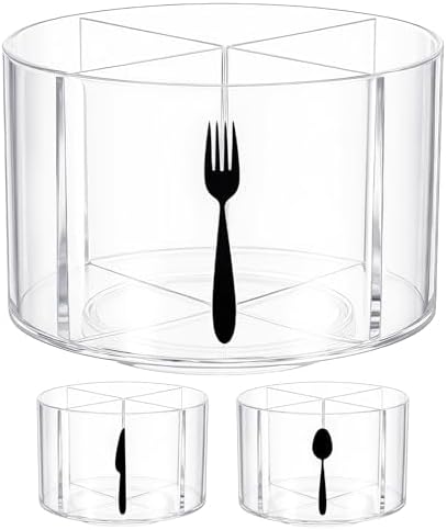 360° Rotating Acrylic Utensil Caddy, 4 Compartment Plastic Silverware Cutlery Holder Countertop Flatware Storage Organizer for Kitchen Office Desk Picnic Camping Party by Ferrochef