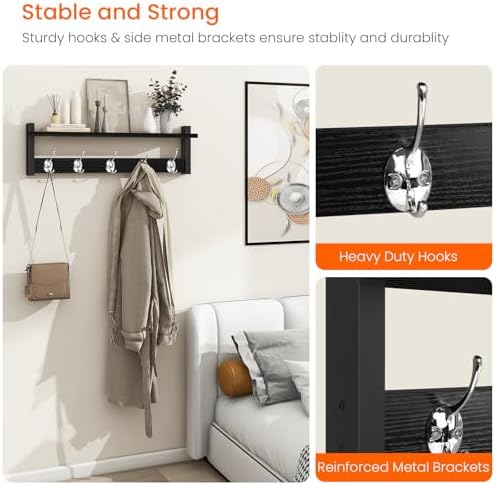 Homode Coat Rack Wall Mount with Shelf, 24" Long Entryway Shelf with Hooks Underneath, Wooden Coat Hanger for Hanging Hats, Bathroom Towels, Clothes, Black - Image 4