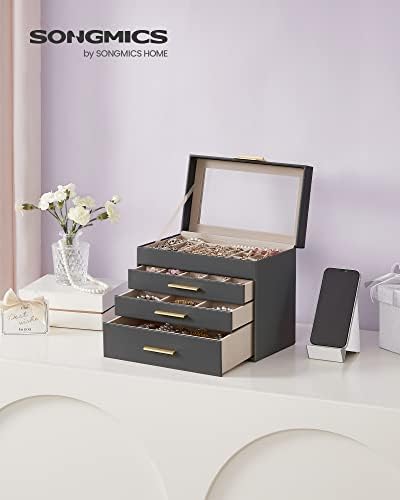 SONGMICS Jewelry Box Organizer, 4-Layer Storage with 3 Drawers, Glass Lid - Image 2