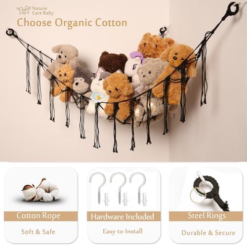 YKBU Stuffed Animals Hammock Corner Hanging Net Macrame Stuffed Animal Storage Plush Toy Holder Toy Organizer for Boho Nursery Playroom Bedroom Kids Room (black, Large) - Image 4