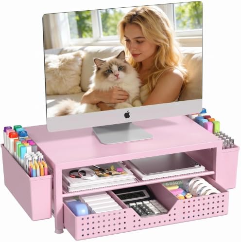 OPNICE Desk Organizers and Accessories, Computer Monitor Stand Riser with Drawer and 2 Pen Holders, Printer & Laptop Stand, Office Desk Accessories & Workspace Organizers for Home Office Supplies, Pink Wood by OPNICE