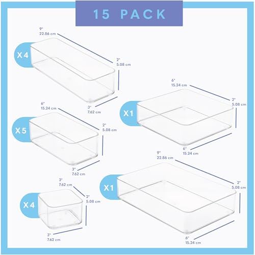 primebox Fifteen Pieces. Plastic Clear Drawer Organizers. Bathroom, Kitchen, Bedroom, Utensils, Office Organizer Bins, Storage Trays. Heavy Duty, Stackable 5 Sizes. - Image 3