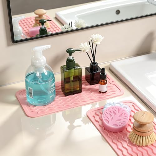 2 Pack Caketime Silicone Dish Drying Mat for Kitchen Counter Under Sink Storage Near Bathroom Faucet Heat Resistant Pad for Stove Top Placemats Soap Holder Stone Dryer Organizer 12"x6" Pink - Image 2