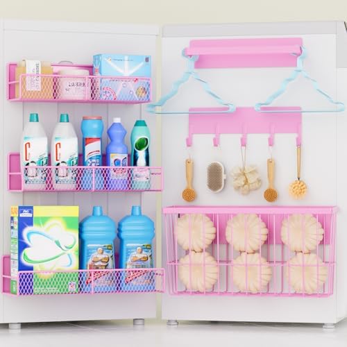 DTUQYX 6 Pack Magnetic Shelves for Washing Machine, Magnetic Spice Rack Organizer for Refrigerator, Magnetic Shelf with Hanger Organizer, Metal Magnetic Basket, Laundry Organization and Storage, Pink by DTUQYX