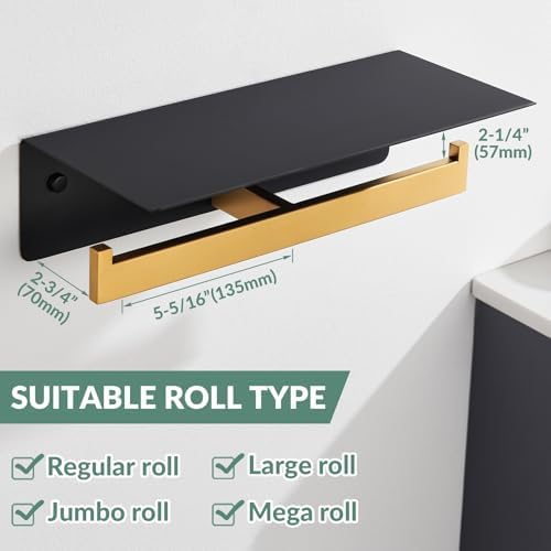 APLusee Double Toilet Paper Holder with Shelf, Black Gold, Wall Mounted - Image 3