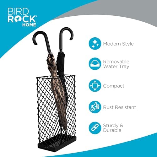 BIRDROCK HOME Decorative Umbrella Stand with Removable Water Tray - Large Metal Umbrella Rack and Cane Walking Stick Organizer for Entryway - Umbrella Holder for Indoor & Outdoor - Black, Diagonal - Image 2