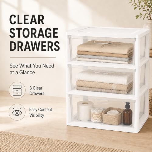 Plastic Storage Drawers, 3 Drawer Tower with Clear Removable Bins, White - Image 3