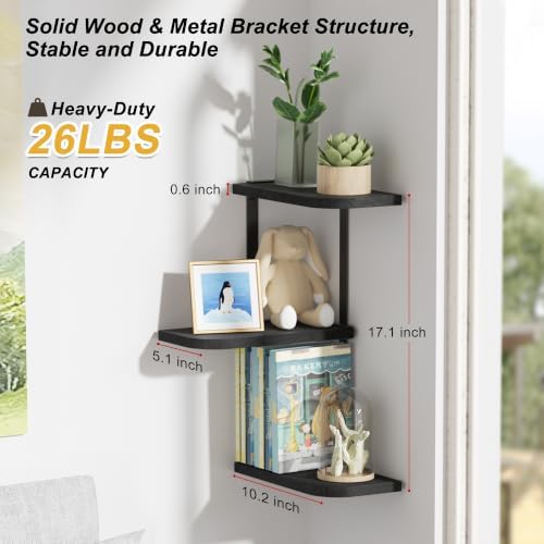 Love-KANKEI Corner Wall Shelf 3 Tier,Solid Wood with Bracket,17" Tall,Black - Image 2