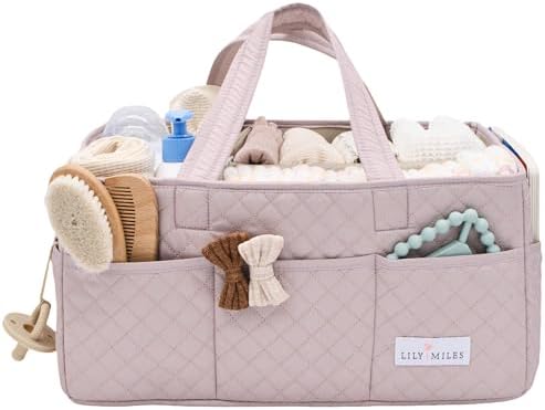 Lily Miles Baby Diaper Caddy Organizer, Quilted Nursery Storage Organizer for Newborn Essentials and Diaper Changing Station, Gift for Baby Shower and Registry Must-Have (Rosy Lilac) by LilyMiles