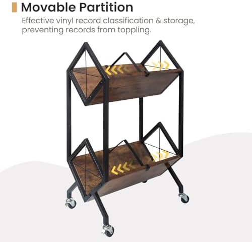 SwaaVee Vinyl Record Storage Holder with Wheels, 2-Tier Record Holder 160-200 LP with Dividers, Retro Style Quick Assembly Vinyl Record Display for Albums, Magazine, Book, Files(2 Tier- Rustic Brown) - Image 4