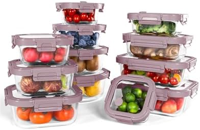 12-Pack Glass Containers with Tempered Lids – Borosilicate, Oven-Safe(-4°F~950°F), Airtight, BPA-Free, Multi-Size for Meal Prep, Dishwasher Safe, 1.6 cups to 6.4 cups (Pink) by BOROHOUSE