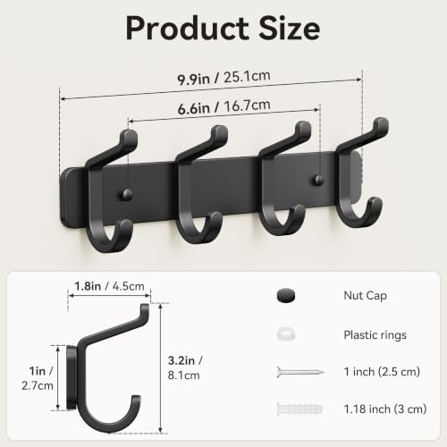 Heavy Duty Coat Rack Wall Mounted, Metal Wall Hook Rack with 4 Double Hooks for Coats, Hats, Jackets, Robes, Towels, Keys, Backpacks and Purses, Entryway, Closet, Mudroom, Bathroom (Black, 2 Pack) - Image 6
