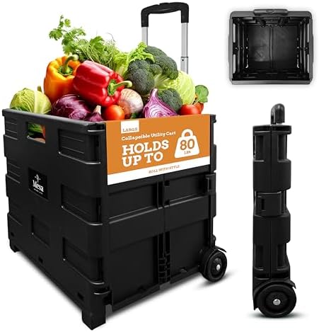 Inspired Living Collapsible Ultra-Slim Pack-N-Roll, 2 Wheel Utility Cart , With Telescopic Handle - Super Strong up to 80 Lbs Load Capacity, Black by Inspired+Living