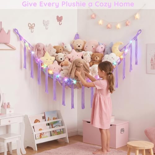 Basumee Stuffed Animals Hammock with LED Light Corner Net, Girls Room Decor - Image 5