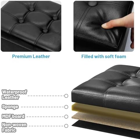 Bsketa Storage Ottoman Bench,16 Inch Folding Leather Foot Rest Stool, Black - Image 4