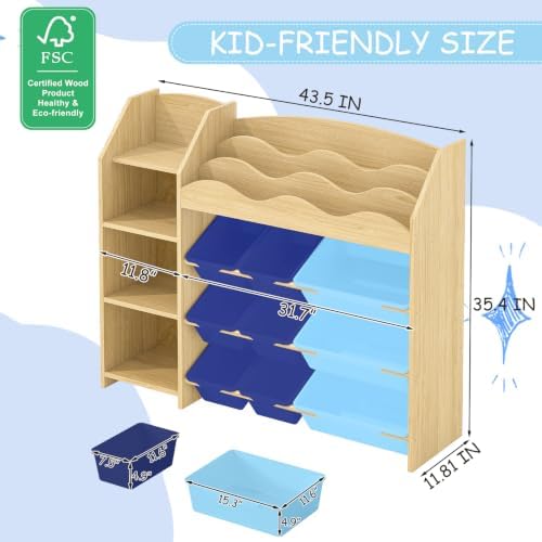EXPERLAM Kids Toy Storage Organizer, Scalloped Shelf, 12 Blue Bins - Image 2