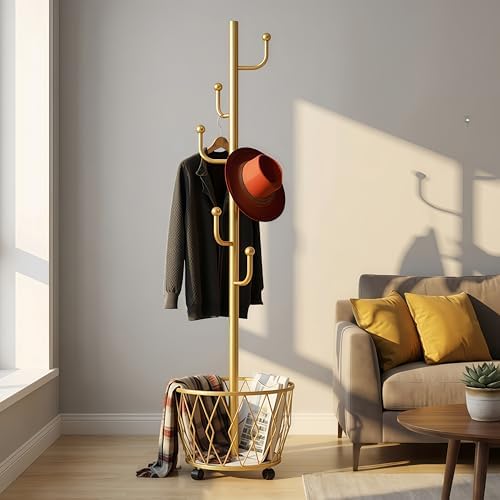 Gold Moveable Cactus Metal Coat Rack with Basket Freestanding 65inch by CBBZJY