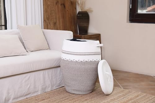 26"x20" Cottonphant Extra Large Tall Woven Laundry Basket with Lid, Cotton Rope Blanket Storage Basket, Freestanding Decorative Bin for Bedroom Living Room, Cream & Camel Marl - Image 6