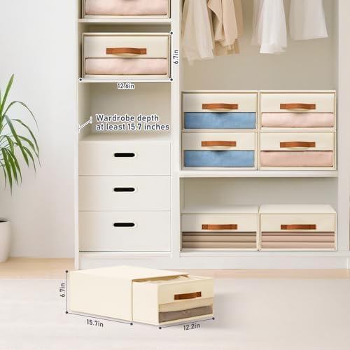 DIMJ Closet Organizers and Storage - Fabric Bins with Drawers for Closet Foldable Clothes Organizers with Clear Window, Stackable Storage Drawers for Bedroom, Living Room, 4-Pack, Beige - Image 4