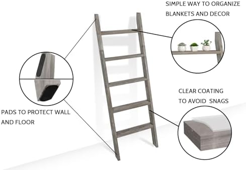 FUIN Blanket Ladder, 5ft Rectangle Rung Rustic Solid Wood Decor Rack, Grey - Image 4