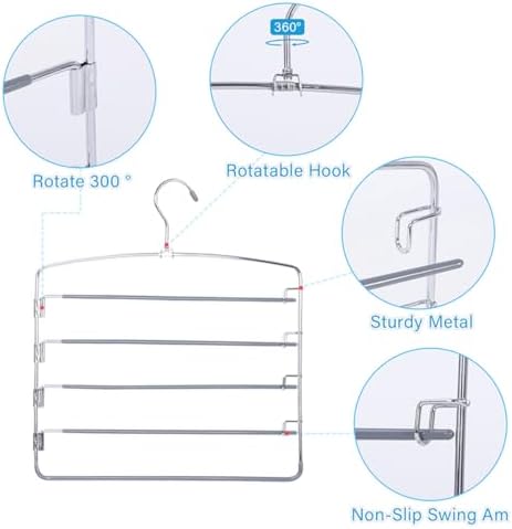 FeeraHozer Pants Hangers Space Saving 3 Pack No Slip 5 Layers Multi Functional Pants Rack Stainless Steel Swing Arm Space Saver Hanger for Trousers Jeans Towels Scarf （Grey） - Image 3