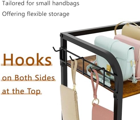 koozuuyk 4-Tier Purse Organizer for Closet with 3 Side Hooks and 2 Baskets, High Capacity Purse Rack Stand for Purse Storage, Metal & Wood Handbag Holder for Handbag Organizer, Patent Pending - Image 4