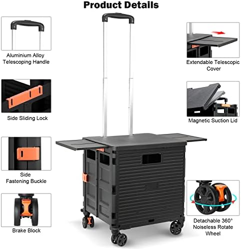 Foldable Utility Cart Collapsible Portable Crate Rolling Carts with Wheels Tote Basket with Magnetic Lid Telescopic Cover Wear-Resistant 360°Rotate Wheel Noiseless for Shopping Storage Office Use - Image 3