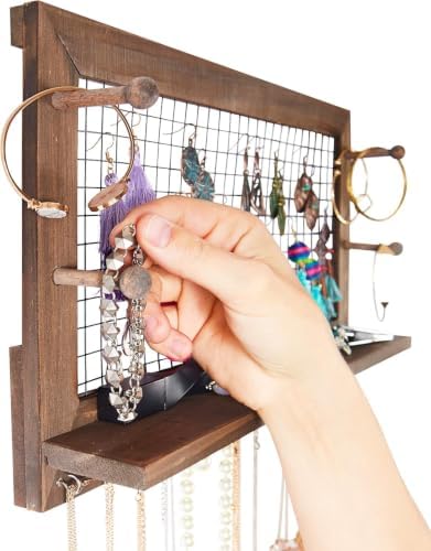 Rustic Jewelry Organizer Wall Mount with Bracelet Pegs-Necklace Holder Earring Hanger-Hanging Mounted Wooden Shelf to Display Earrings Necklaces and Accessories - Image 4