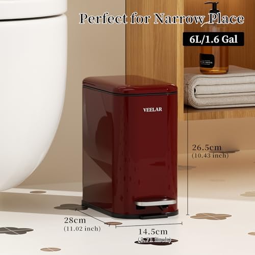 Slim Bathroom Trash Can with Lid, 1.6 Gallon / 6 Liter Stainless Steel Trash Bin, Step Pedal Garbage Cans for Bedroom, Kitchen, Office (Red) - Image 2