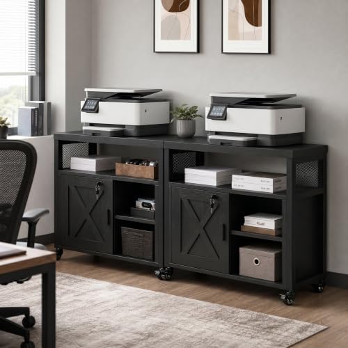 Mobile File Cabinet with Charging Station, Printer Stand, Black - Image 6