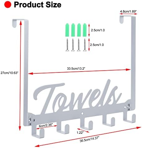 Azmoncy Over The Door Hooks, Towel Rack for Bathroom & Bedroom, Heavy Duty Over Door Towel Hanger with 5 Coat Hooks, Silver - Image 2